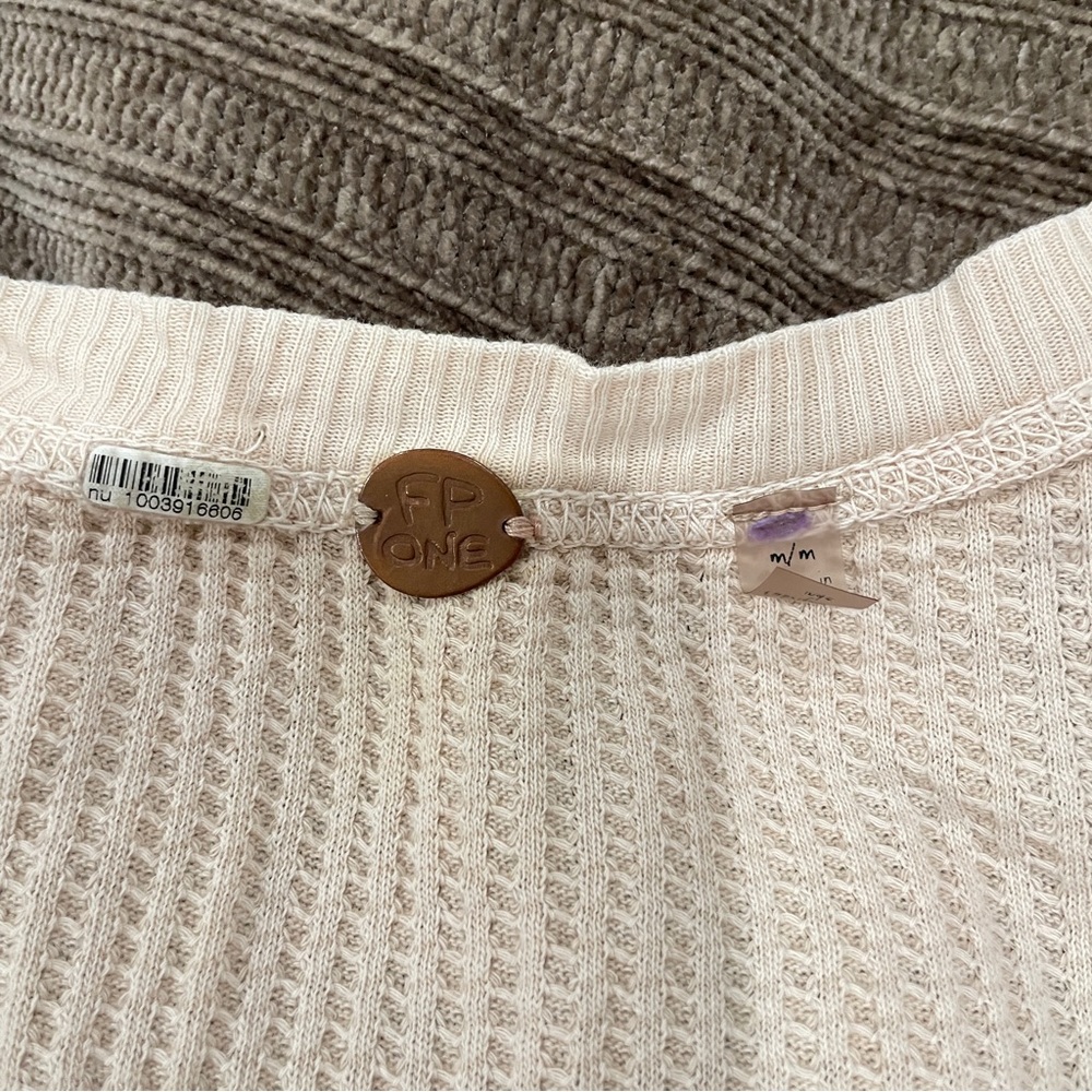 Free People Beige Waffle Knit Henley Thermal Tiered Mini Dress Boho Long Sleeve - Picture 6 of 8